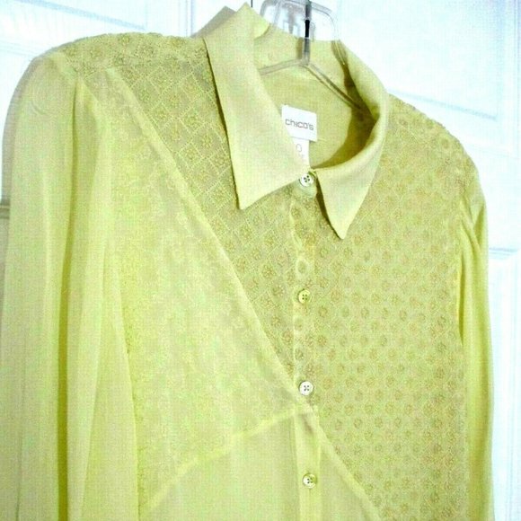 Chico's Asymmetric Tunic Blouse sz Small Creamy Yellow Embroidered Chiffon - Picture 3 of 11